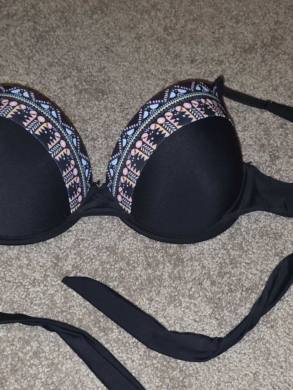 Black Swim Top With Pastel Tribal Trim